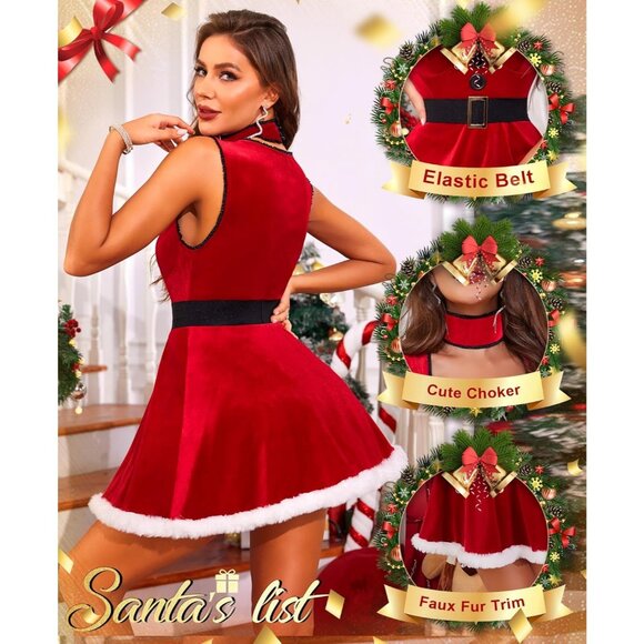 Sexy Santa Velvet Lingerie Babydoll Chemise with Choker Belt for Women - Picture 3 of 4